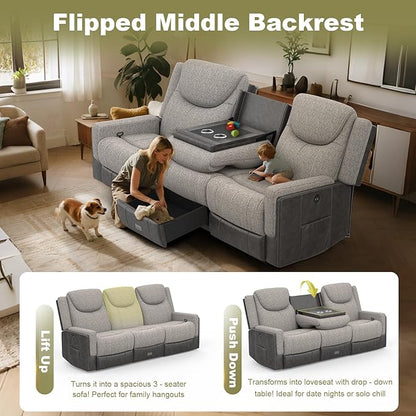 Manual Reclining Sofa, Flip Middle Backrest 2-in-1 Couch with Large Storage Drawer, USB Ports & Cup Holders, Grey Linen & Chocolate Leather Living Room Loveseat Recliner Sofa, Grey