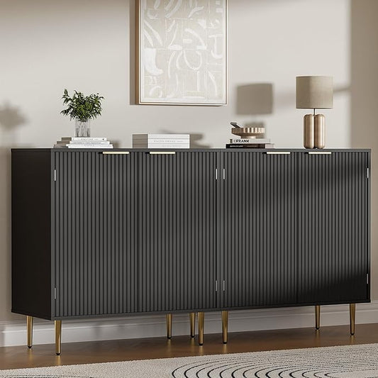 Buffet Sideboard Cabinet [Set of 2] with 4 Doors, Modern Cabinet with with Adjustable Shelf, Golden Handles & Legs, Coffee Bar Sideboard for Kitchen, Living Room, Black