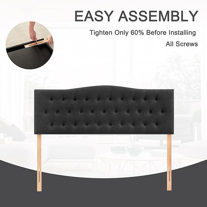 Tufted Upholstered Headboard King Size, Sturdy and Durable Solid Wood Bed headboard, Fabric Headboard Adjustable Height from 37” to 51”, Modern Button Diamond Design Head Board, Black