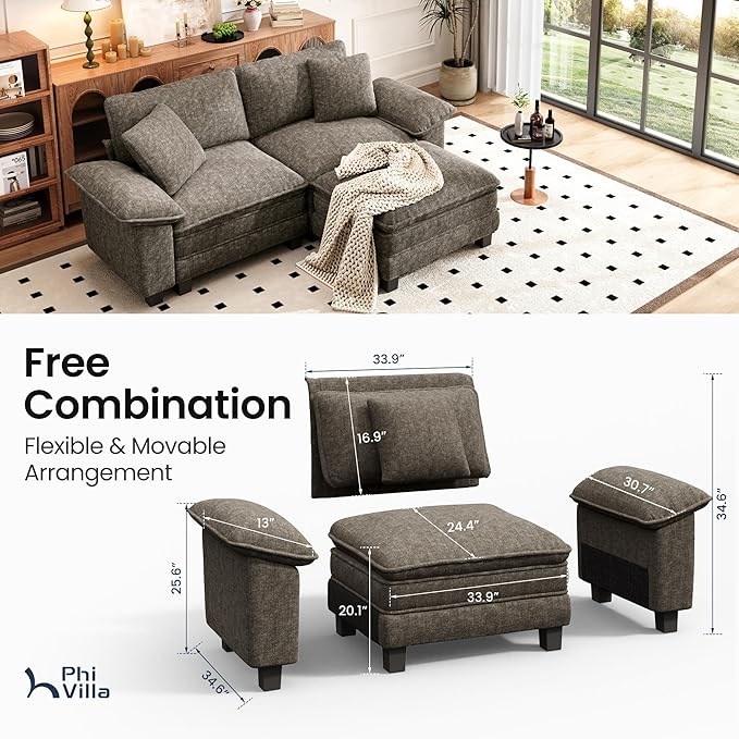 PHI VILLA Cloud Modular Couches Sets, 87.5" Sectional Loveseat Sofa with 1 Movable Ottoman, 3-Seater Comfy Couches for Living Room Apartment, Chenille Fabric, Smoky Grey