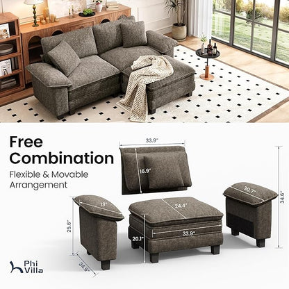 PHI VILLA Cloud Modular Couches Sets, 87.5" Sectional Loveseat Sofa with 1 Movable Ottoman, 3-Seater Comfy Couches for Living Room Apartment, Chenille Fabric, Smoky Grey