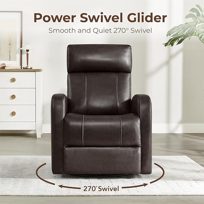 CHITA Genuine Leather Power Swivel Glider Recliner Chair for Adults, FSC Certified Electric Nursery Rocker Recliner Chair for Living Room, Dark Brown