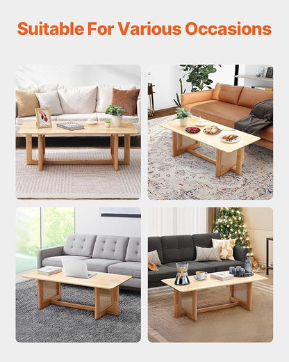 VEVOR Rattan Coffee Table, Rectangle Woven With Rubber Wood Top, 47-Inch Modern Boho Storage Table With Natural Legs, for Living Room, Bedroom & Small Spaces