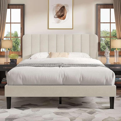 VECELO Queen Size Bed Frame with Upholstered Headboard, Velvet Platform Bedframe Mattress Foundation, Strong Wood Slat Support, No Box Spring Needed,Velvet Beige