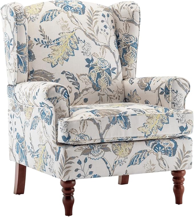 MELLCOM Floral Accent Chair, High Back Upholstered Armchair with Solid Legs, Leisure Single Sofa Chair for Living Room, Bedroom, Home Office, Blue Floral