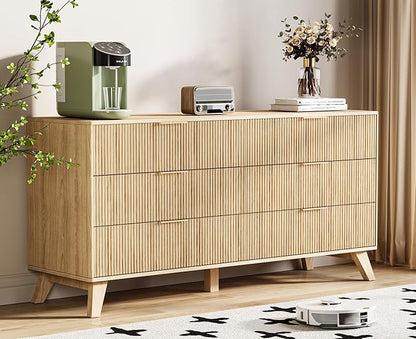Fluted Dresser with 6 Drawers, 53.43 Inch Wood Double Dresser with Metal Handles Curved Design Wide Storage Organizer Cabinet Modern Chest Dressers for Bedroom Living Room Entryway(Oak)