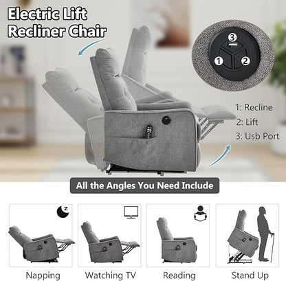 PELUMY Manual Lift Recliner Chair with Massage and Heat for Elderly, Single Motor Electric Lift Chair, Heavy Duty Recliner with USB Charging & Side Pockets (Chenille, Light Grey)
