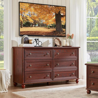 Farmhouse Dressers & Night Stand Set of 4, Wood 54" Wide 6 Drawer Dresser & 35" Tall Chest of Drawers, 18" Roman Column Nightstand Set of 2, Bedroom Furniture Dresser Sets for Home Living Room Hallway