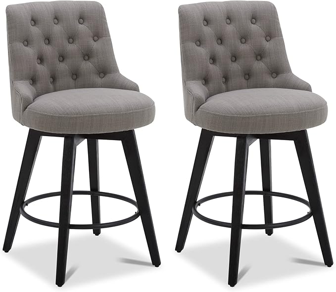 Watson & Whitely Modern Swivel Bar Stools, Performance Fabric Upholstered Counter Height Bar Stool with Back, Solid Wood Legs, 26" H Seat, Set of 2, Flint Grey
