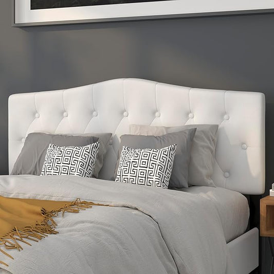 BizChair Arched Button Tufted Upholstered Queen Size Headboard in White Fabric