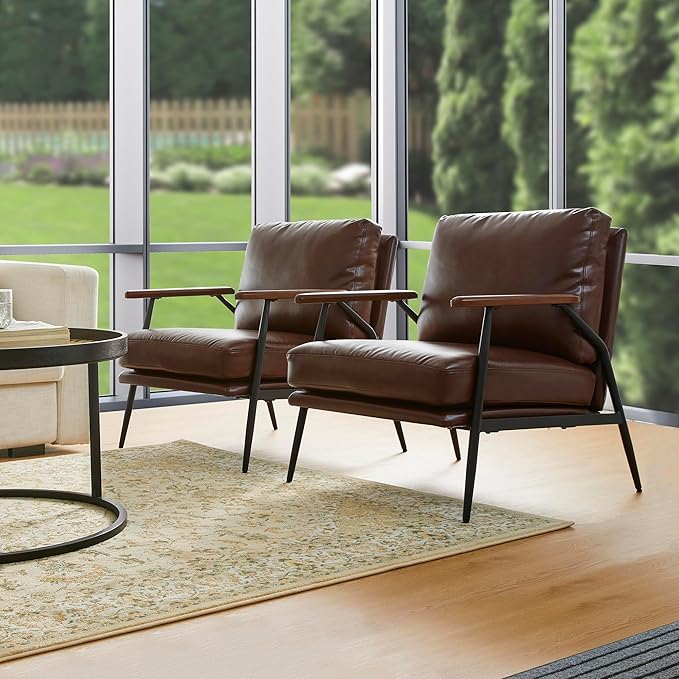 Glitzhome Modern Accent Chairs Set of 2, Metal Framed Living Room Chairs with Upholstered Cushion, Comfy Sofa Chair for Bedroom Reception Area Study Room, Coffee- 2 Set