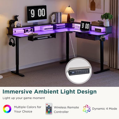 RedLemon 75X60 Inches L Shaped Electric Standing Desk,Height Adjustable Corner Gaming Desk with Drawers, Keyboard Tray, Power Outlets & LED Lights, Computer Desk with Monitor Shelf, Dark Rustic Oak