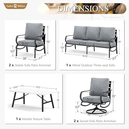 Sophia & William Patio Furniture Sets for 7 Outdoor Conversation Set 6 Pcs with 4 x Armrest Cushioned Sofa Chairs, 1 x 3-Seat Sofa, 1 Marbling Metal Coffee Table Garden Backyard Poolside Grey