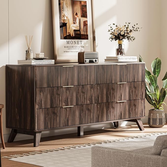 6 Drawer Dresser, 53.43 Inch Fluted Wood Double Dresser Curved Design Wide Storage Organizer Cabinet Mid Century Modern Chest Dressers for Bedroom Living Room Entryway(Walnut)