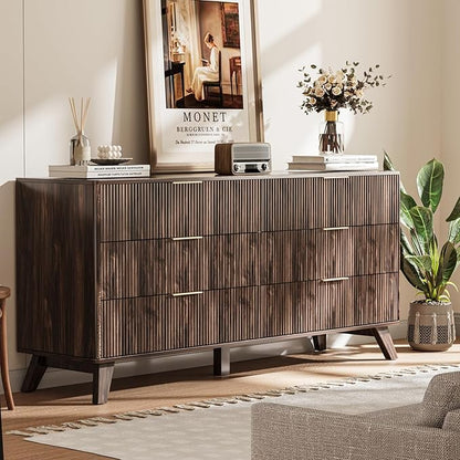 6 Drawer Dresser, 53.43 Inch Fluted Wood Double Dresser Curved Design Wide Storage Organizer Cabinet Mid Century Modern Chest Dressers for Bedroom Living Room Entryway(Walnut)