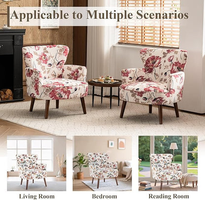 Floral Accent Chair, Upholstered Living Room Chairs with Solid Wood Legs, Mid Century Modern Velvet High Back Armchair for Living Room, Bedroom, Pink