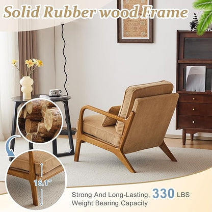 VINGLI Upgraded Premium Corduroy Accent Chair,Upholstered Arm Chair,Solid Wood Comfy Reading Chair with Lumbar Pillow, Mid Century Modern Chairs for Living Room,Bedroom,Guest Room,Khaki