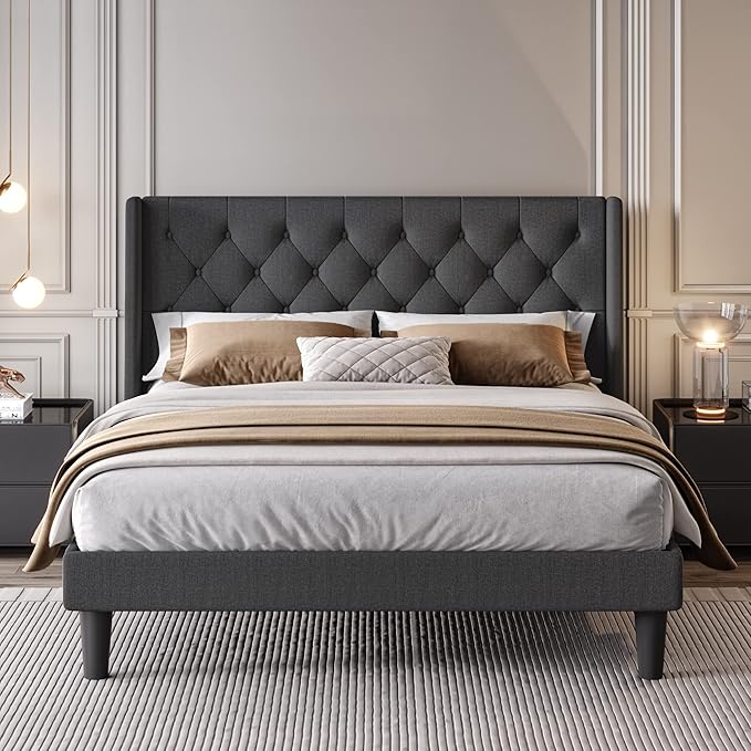 SHA CERLIN Queen Size Platform Bed Frame with Upholstered Headboard and Wingback, Button Tufted Design, Easy Assembly, No Box Spring Needed, Dark Grey