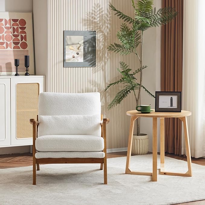 Karl home Accent Chair Wide Armrest Mid-Century Lounge Chair Teddy Fleece Armchair with Lumbar Pillow & Solid Wood Frame for Living Room, Bedroom, Balcony, White