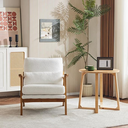 Karl home Accent Chair Wide Armrest Mid-Century Lounge Chair Teddy Fleece Armchair with Lumbar Pillow & Solid Wood Frame for Living Room, Bedroom, Balcony, White