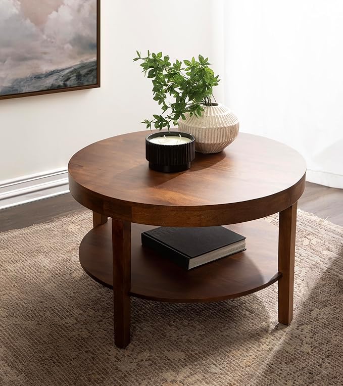 Kate and Laurel Talcott Modern Tiered Round Coffee Table, 28 x 28 x 18, Walnut Brown, Transitional Two-Tier Circle Living Room Table with Storage and Mango Wood Construction