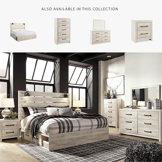 Signature Design by Ashley Cambeck Farmhouse King Panel Platform Bed with 2 Storage Drawers, Cubbies, Sconce Lights and USB Ports, Foundation or Box Spring Not Needed, Whitewash