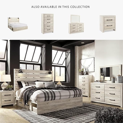 Signature Design by Ashley Cambeck Farmhouse King Panel Platform Bed with 2 Storage Drawers, Cubbies, Sconce Lights and USB Ports, Foundation or Box Spring Not Needed, Whitewash