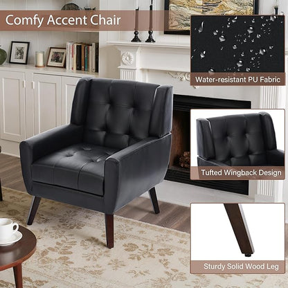 Faux Leather Accent Chair, Mid-Century Modern Upholstered Armchair, Comfy Living Room Chairs Reading Chairs with Button Tufted Back & Solid Wood Legs for Bedroom, Office, Black