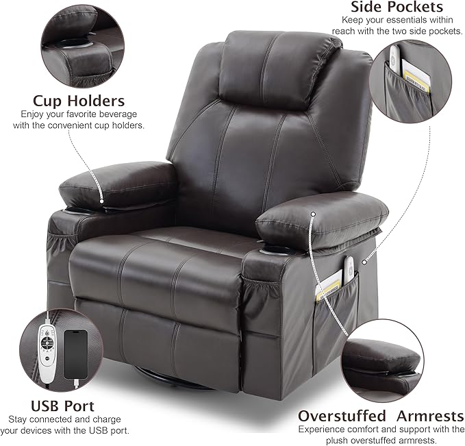 Oversized Swivel Rocker Recliner Sofa Chair with Heat and Massage, 360 Degree Swivel Single Sofa with Cup Holders and USB Port, Big Recliner Chair for Living Room(Leather, Chocolate Brown)