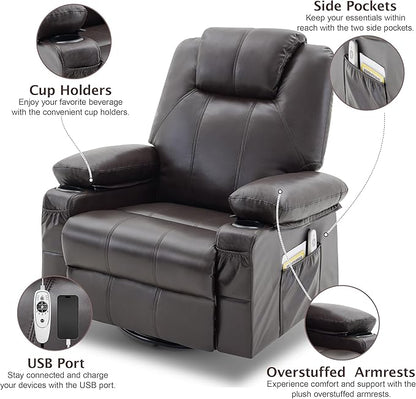 Oversized Swivel Rocker Recliner Sofa Chair with Heat and Massage, 360 Degree Swivel Single Sofa with Cup Holders and USB Port, Big Recliner Chair for Living Room(Leather, Chocolate Brown)