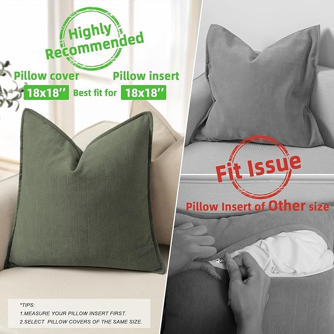 ZWJD Army Green Pillow Covers 18x18 Set of 2 Chenille Throw Pillow Covers with Elegant Design Soft and Luxurious Decorative Throw Pillows for Couch, Bed, and Home Decor
