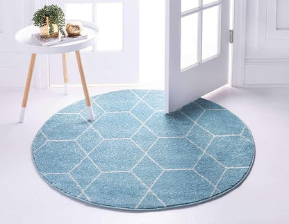 Unique Loom Trellis Frieze Collection Area Rug - Geometric (4' 1" Round, Light Blue/ Ivory)