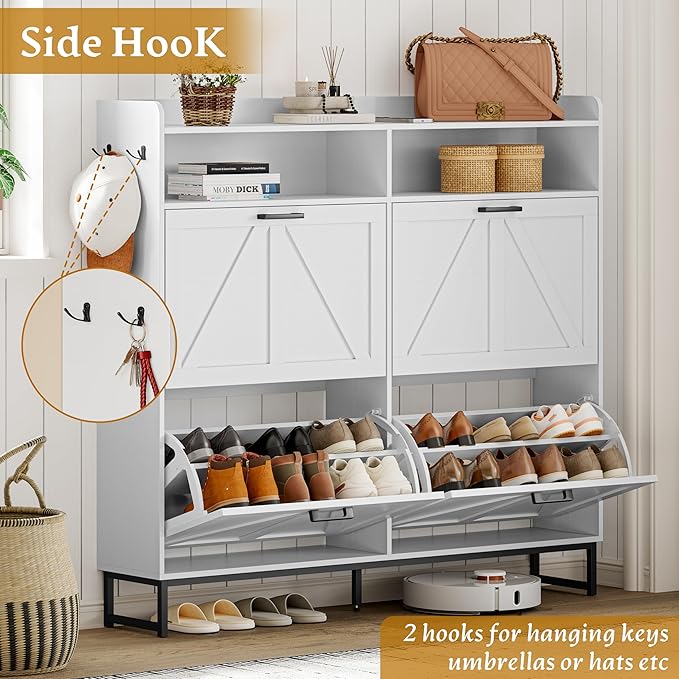 Shoe Cabinet Storage for Entryway, Shoe Storage Cabinet with 4 Flip Drawers, Freestanding Narrow Shoe Rack Organizer with Metal Legs, Adjustable Shelves & Open Storage for Foyer, Hallway, White