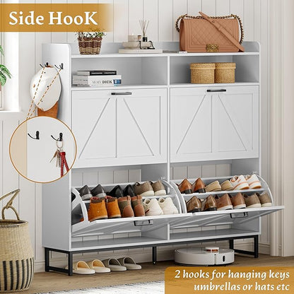 Shoe Cabinet Storage for Entryway, Shoe Storage Cabinet with 4 Flip Drawers, Freestanding Narrow Shoe Rack Organizer with Metal Legs, Adjustable Shelves & Open Storage for Foyer, Hallway, White