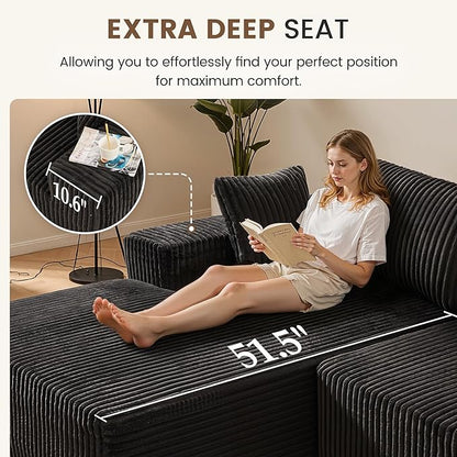 Apicizon 113" Sectional Sofa Couch for Living Room, 3 Seat Boneless Sofa with Chaise Longue, L-Shape Modular Sectional Couches with Deep Seat for Apartment，No Assembly Required (Stripe Corduroy Black)
