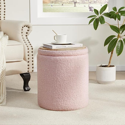 Royal Windsor Boucle Round Ottoman with Storage Set of 2,Small Foot Stool Ottoman for Living Room, Small Coffee Table,Vanity Stool with Storage for Bedroom, Pink