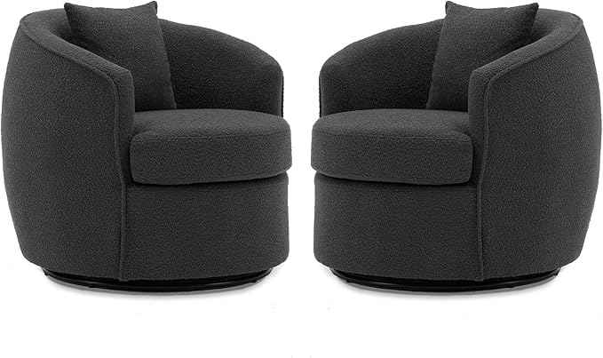 Swivel Accent Chair Set, Modern Upholstered Boucle Barrel Arm Chairs with Pillow for Living Room, 360 Degree Round Swivel Sherpa Armchair with Round Base for Bedroom Club (2, Dark Grey)