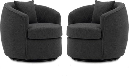 Swivel Accent Chair Set, Modern Upholstered Boucle Barrel Arm Chairs with Pillow for Living Room, 360 Degree Round Swivel Sherpa Armchair with Round Base for Bedroom Club (2, Dark Grey)