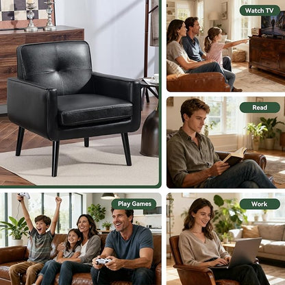 Accent Chair Set of 2, PU Leather Modern Chair with Wooden Frame, Cozy Armchair Reading Chair with Comfy Back for Apartment, Living Room, Bedroom, Waiting Room, Small Space, Corner, Black