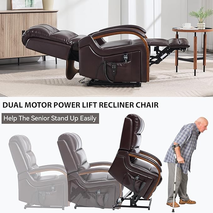 Dual Motor Recliner Lift Chair with Heat and Massage, Heavy Duty Leather Power Lift Recliner Chair Idea Gifts for Seniors, Stand Assistance, Dark Brown