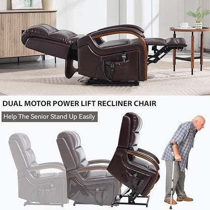 Dual Motor Recliner Lift Chair with Heat and Massage, Heavy Duty Leather Power Lift Recliner Chair Idea Gifts for Seniors, Stand Assistance, Dark Brown