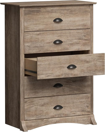 Prepac Sonoma Rustic 5-Drawer Tall Dresser for Bedroom, Farmhouse Dresser Chest of Drawers 17.75" D x 31.5" W x 44.75" H, Drifted Gray