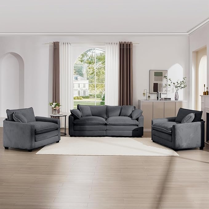 mikibama Luxury 3 Piece Sofa Set, Loveseat Couch & 2 Single Sofa Set, Modern Corduroy Comfy Cloud Couches Set for Living Room Office with 2 Armrest Pillows and 4 Toss Pillows, Grey