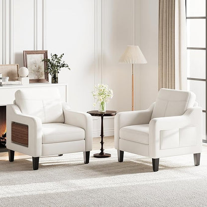 Accent Chair for Living Room Modern Linen Upholstered Armchair Side Wooden Fabric Sofa Chair with Foldable Table 2 Side Pockets Comfy Reading Chair for Bedroom