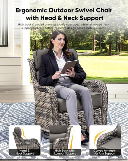 HUMMUH Outdoor Patio Wicker Swivel Rocker Chairs with 6-Inch Thick Cushion High Back 3 PCS Wicker Conversation Set for Porch Balcony Deck