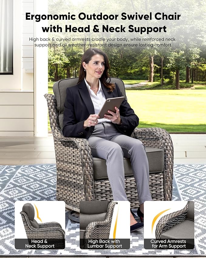 HUMMUH Wicker Patio Furniture Set with Patio Swivel Chairs Set of 4 and 50,000 BTU Fire Pit Table,6 Inch Thick Cushions High Back Outdoor Swivel Rocker Chairs Set for Porch, Balcony, Deck