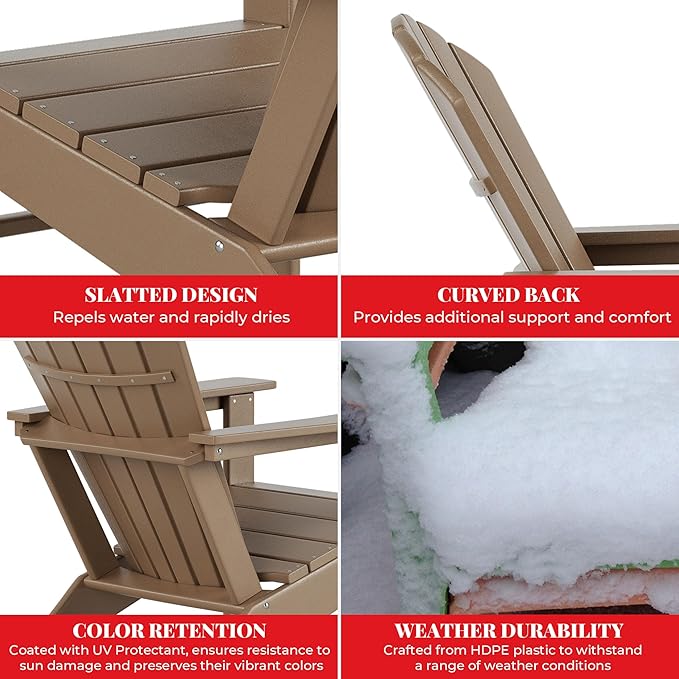 Costaelm Outdoor Adirondack Chair, HDPE Patio Chair, Weather Resistant Lawn Firepit Outside Chairs for Porch, Poolside, Garden, Backyard Deck, Weathered Wood