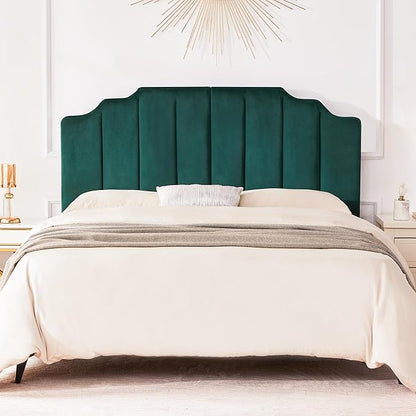 King Upholstered Headboard, Velvet Tufted Headboard only, Elegantly Curved King Size Headboards only, Modern Vertical Channel Design Bed Headboards, Dark Green