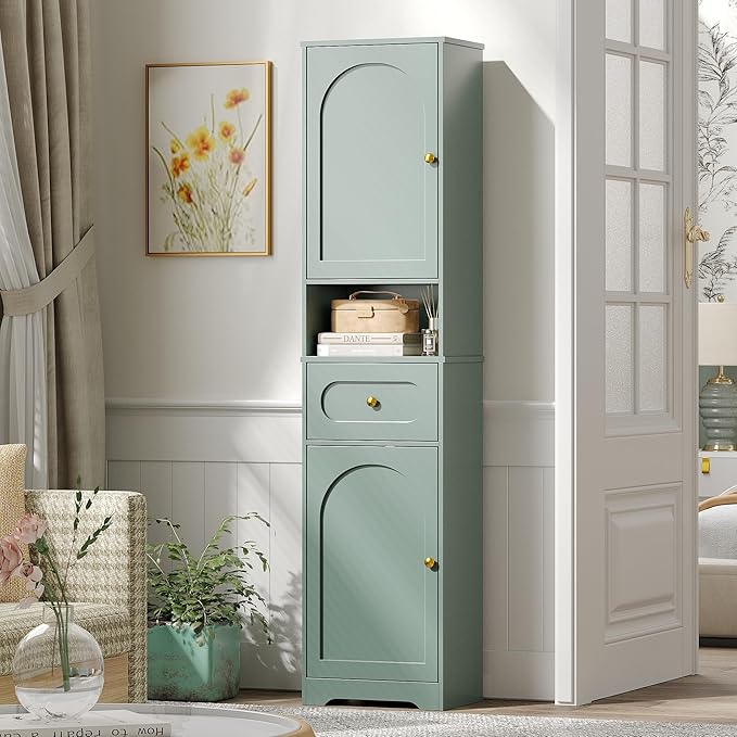 Maupvit 65" Tall Bathroom Storage Cabinet, Narrow Storage Cabinet with 2 Doors and Drawer, Bathroom Organizers with Adjustable Shelves for Living Room, Entryway, Green