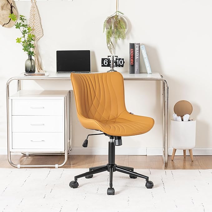 YOUNIKE Office Chair, Armless Desk Chair with Wheels, Adjustable Swivel Home Office Computer Task Chairs, Modern Faux Leather Upholstered Vanity Chair with Back, Saffron Tan